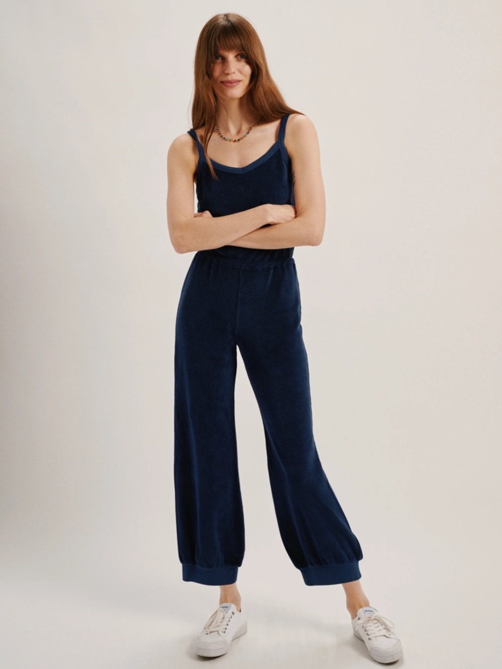 Suzie Kondi Giorgi Terry Jumpsuit Navy Size Medium Cotton Velour USA